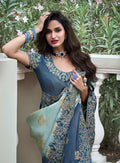 Royal Blue Tissue Silk Saree with Zari, Stone, and Pearl Work