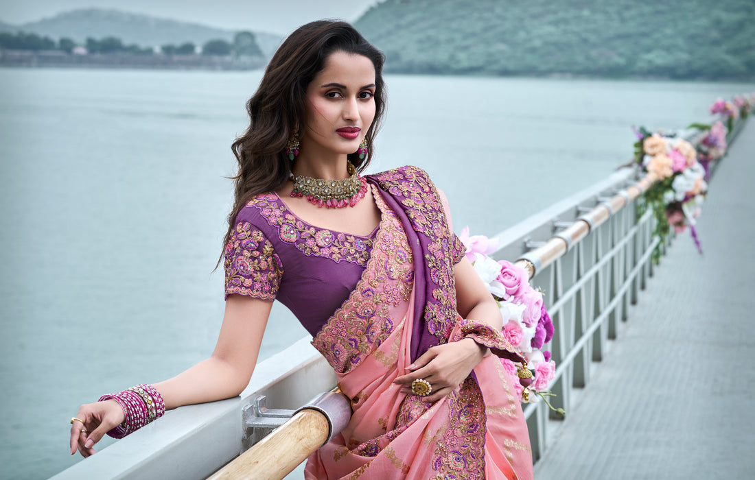 Purple Tissue Silk Saree with Zari, Stone, and Embroidery Work