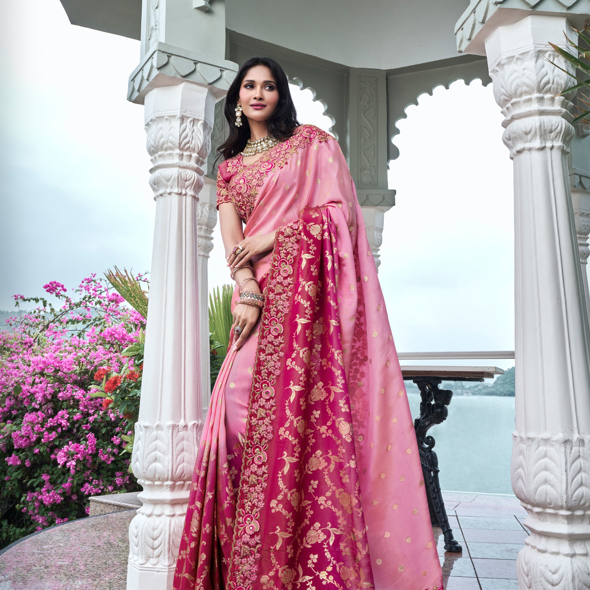 Pink Pure Tissue Silk Saree with Zari and Embroidery for Weddings