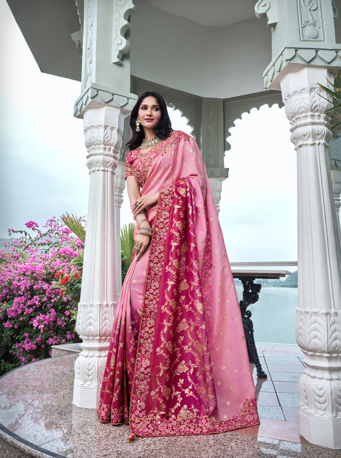 Pink Pure Tissue Silk Saree with Zari and Embroidery for Weddings