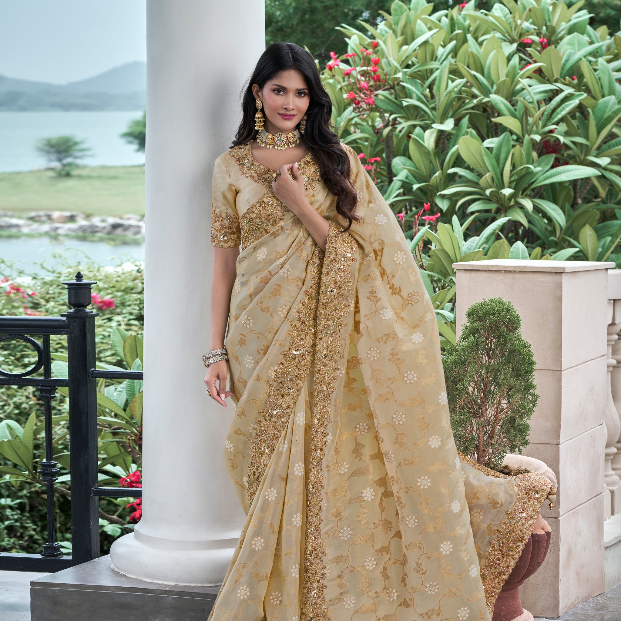 Gold Tissue Silk Saree with Zari, Mirror, and Pearl Work