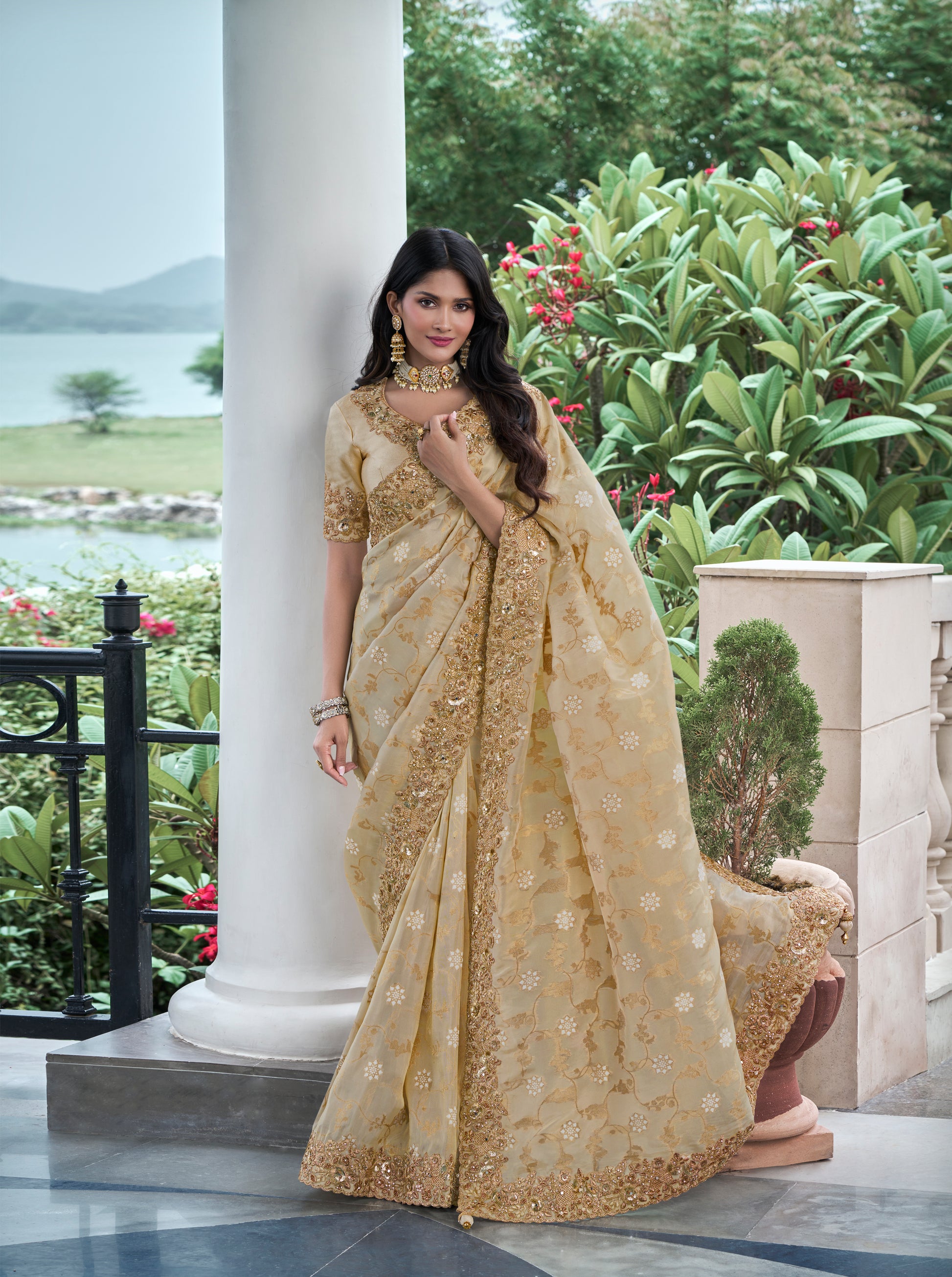 Gold Tissue Silk Saree with Zari, Mirror, and Pearl Work