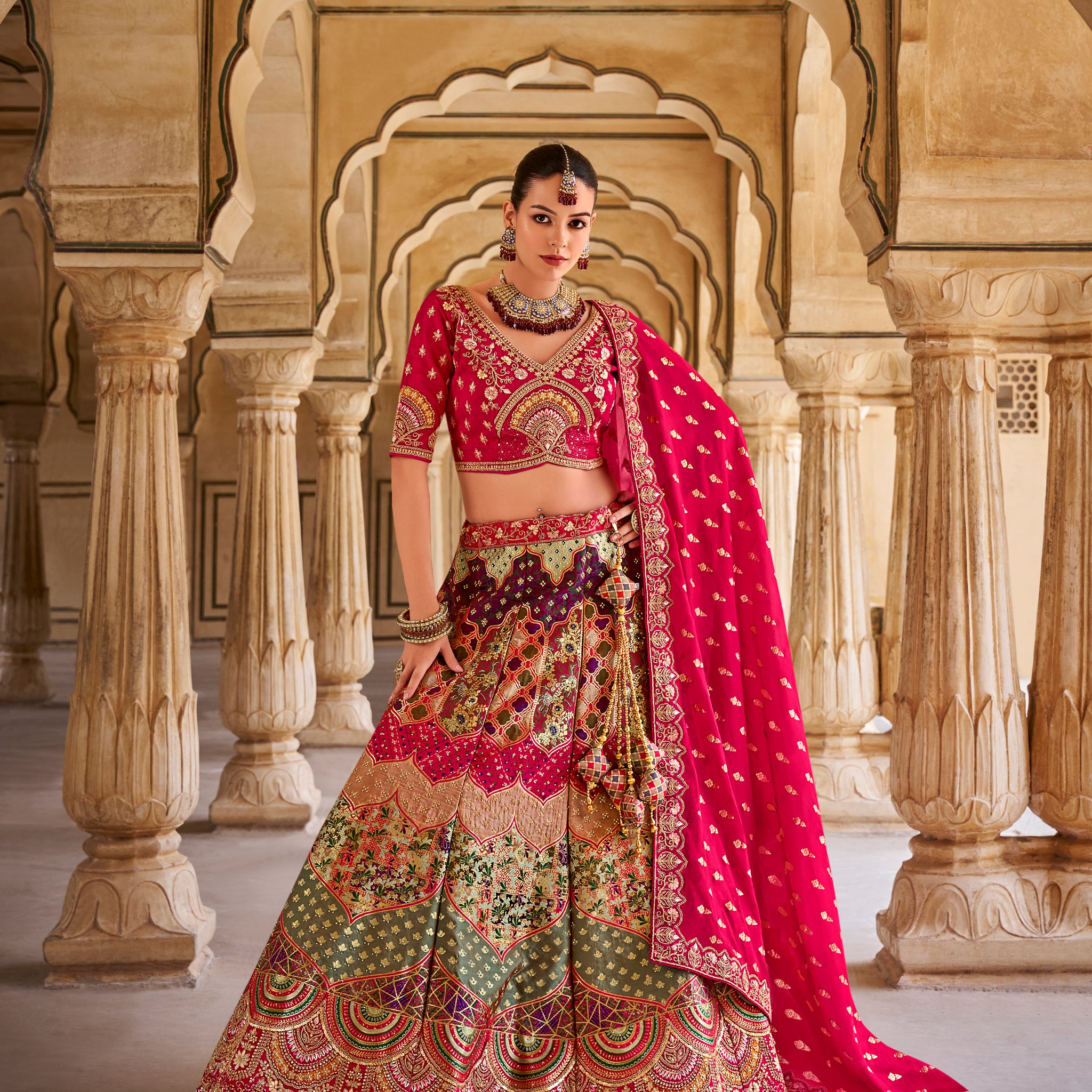 Multicolor Banarasi Silk Lehenga with Zarkan Sequins Work