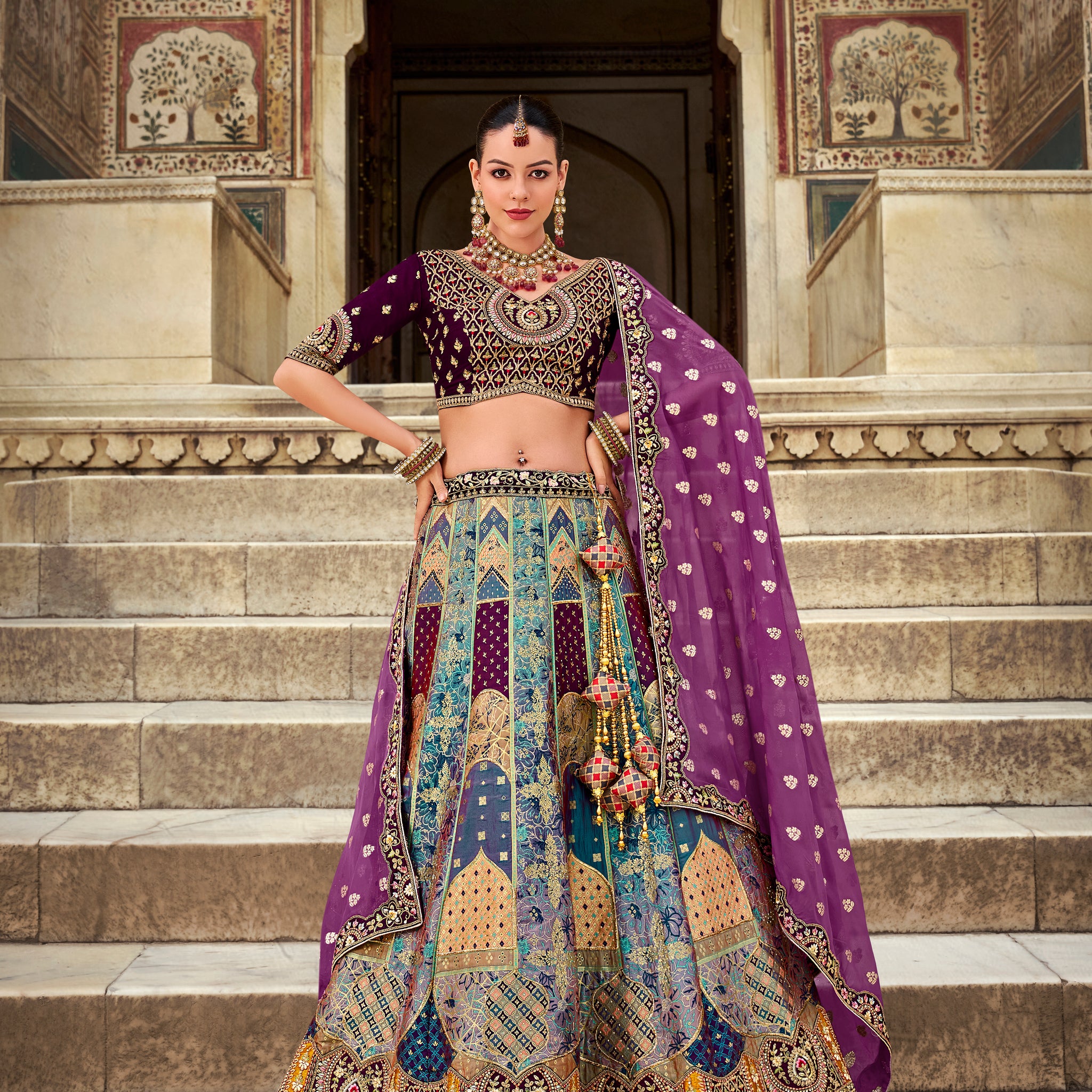 Purple Banarasi Silk Lehenga with Zarkan Embellishments