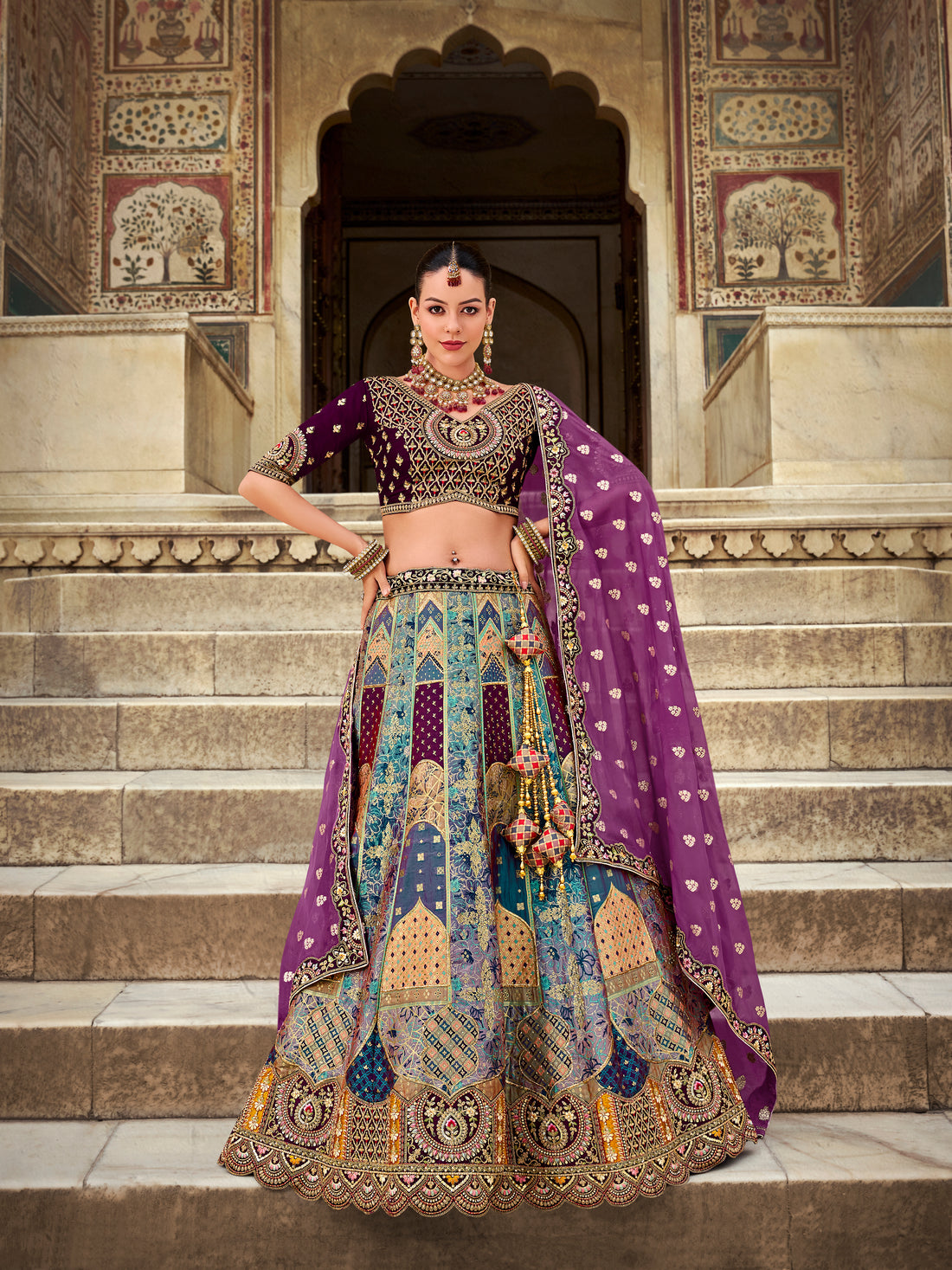 Purple Banarasi Silk Lehenga with Zarkan Embellishments