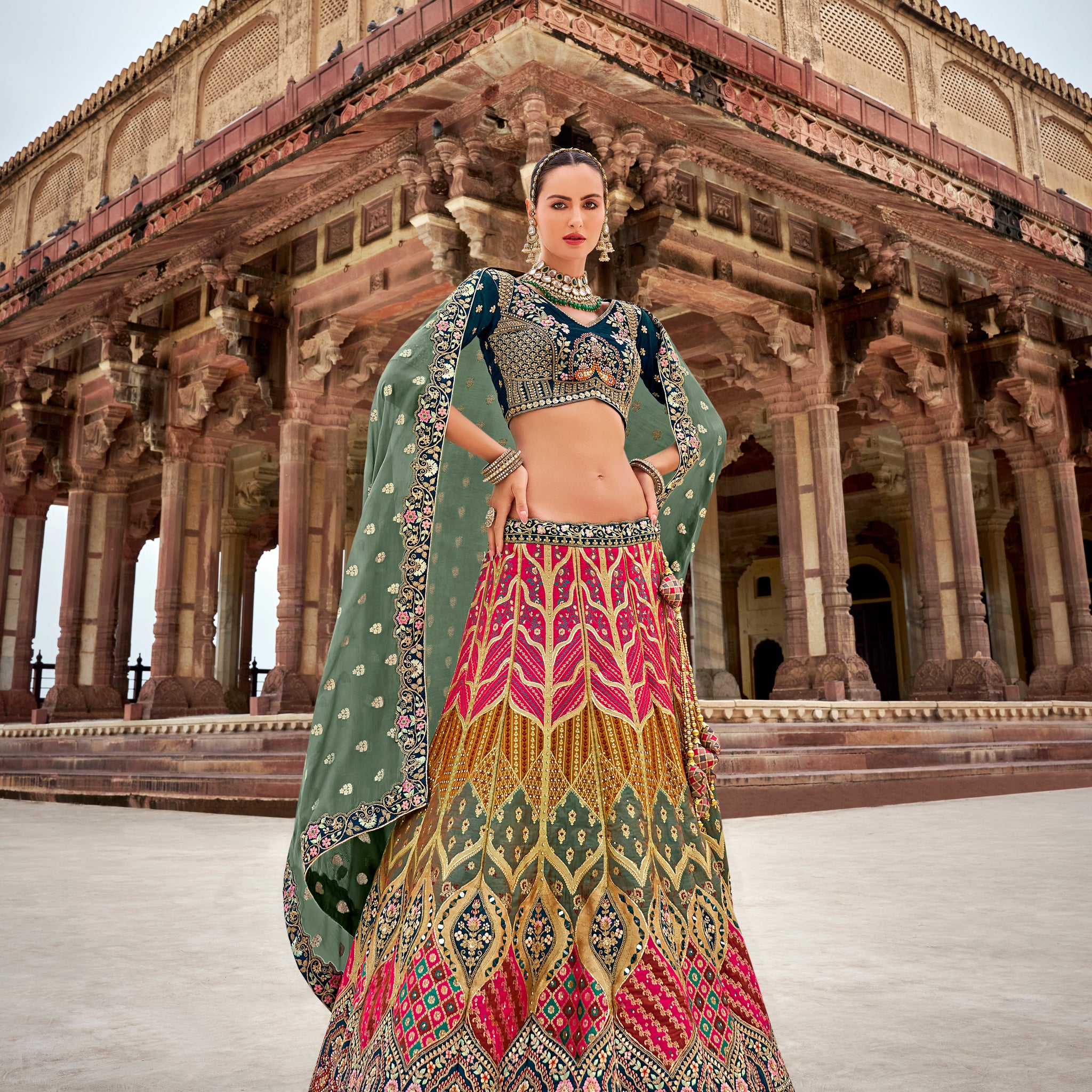 Teal Green Banarasi Silk Lehenga with Intricate Zarkan Embroidery