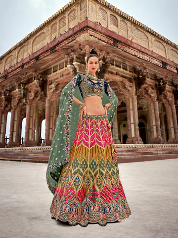 Teal Green Banarasi Silk Lehenga with Intricate Zarkan Embroidery