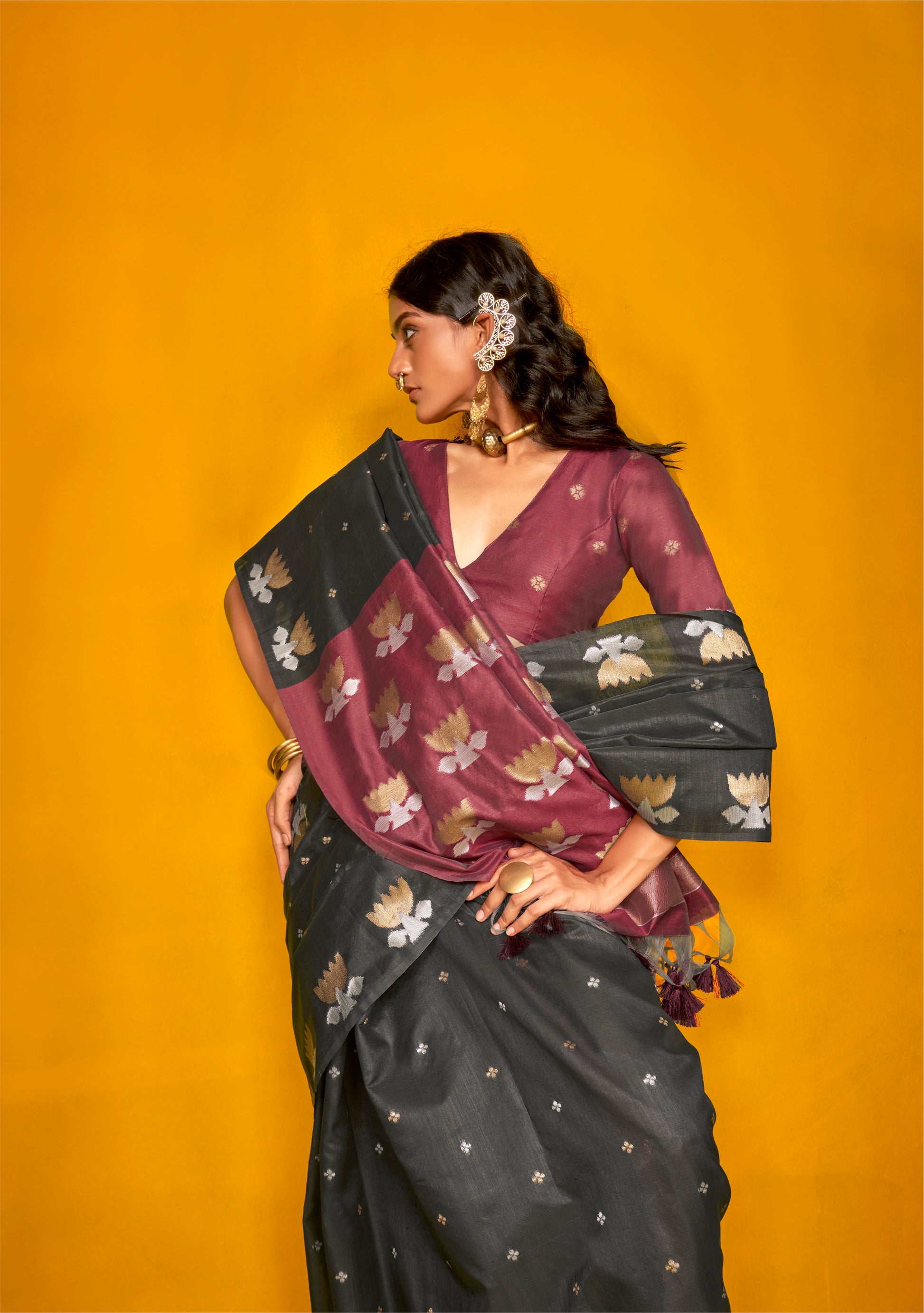 Black Handloom Tussar Silk Saree with Rich Woven Contrast Blouse