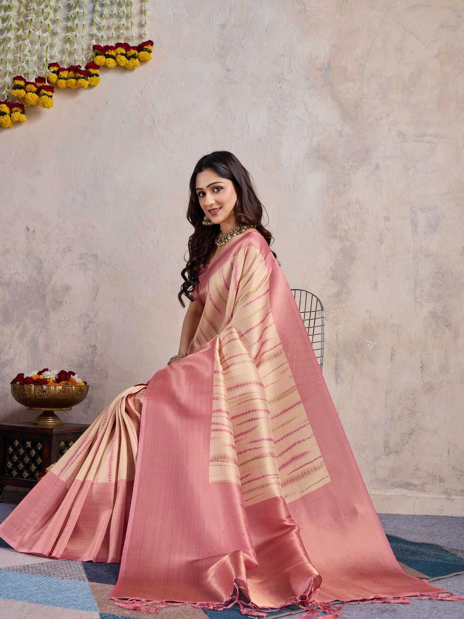 Pastel Pink Banarasi Silk Saree with 3D Kanoko Prints