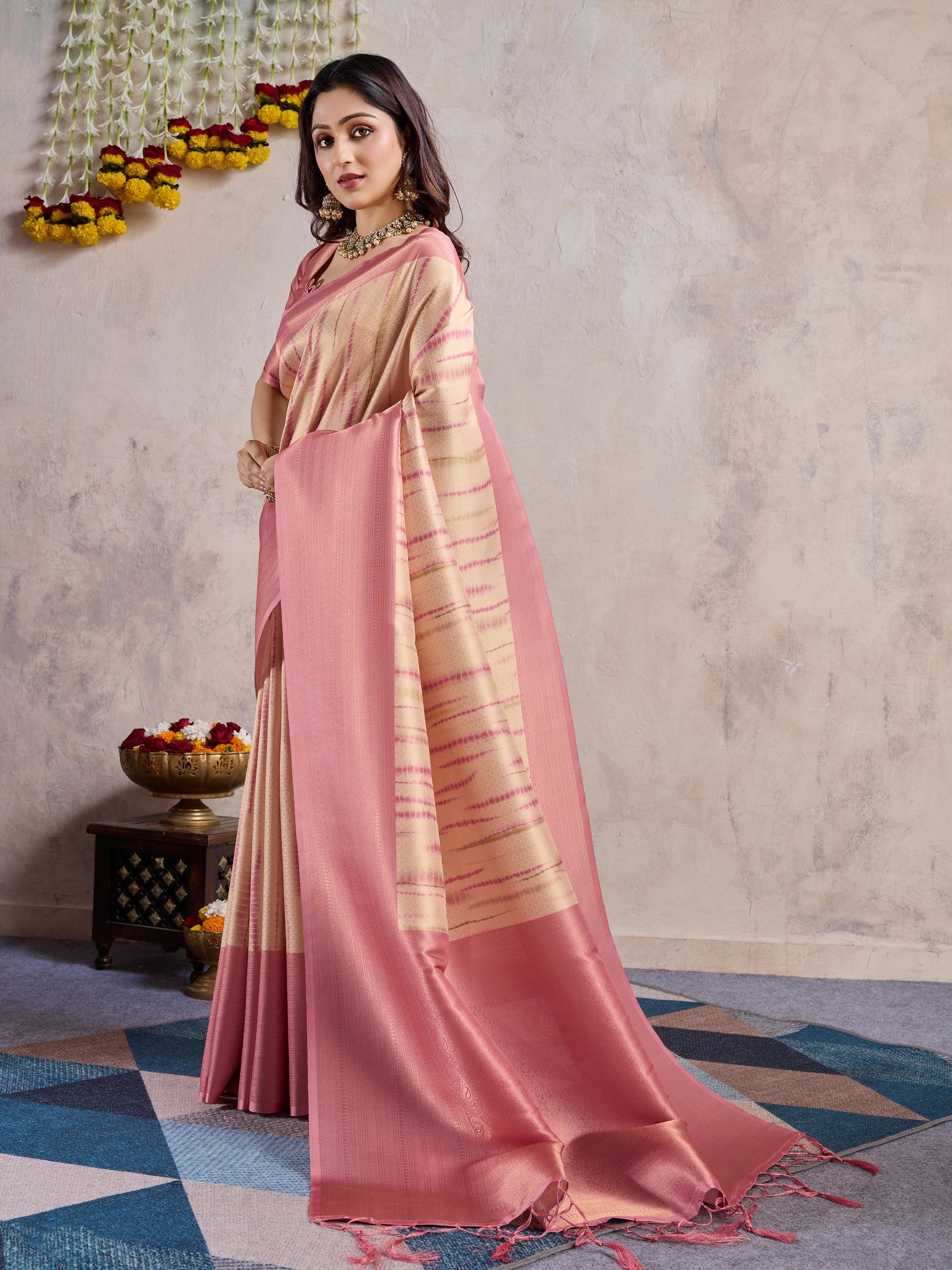 Pastel Pink Banarasi Silk Saree with 3D Kanoko Prints