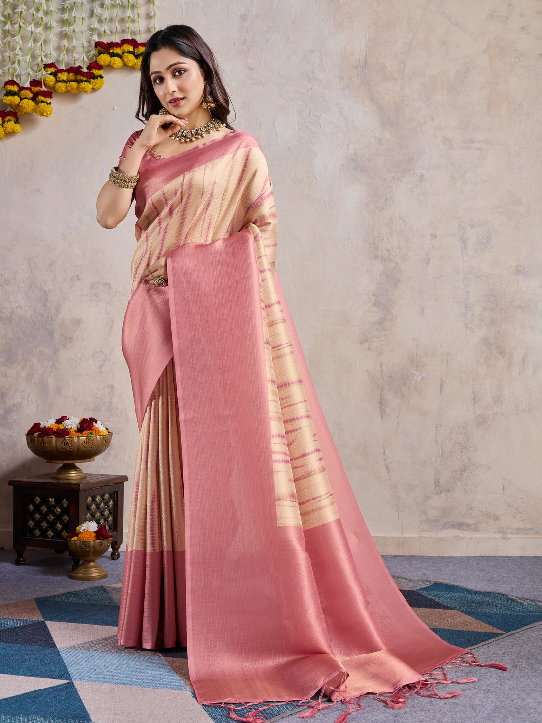 Pastel Pink Banarasi Silk Saree with 3D Kanoko Prints