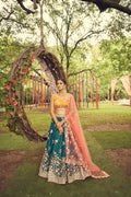 Teal Georgette Sequins Work Floral Lehenga & Blouse with Pink Dupatta