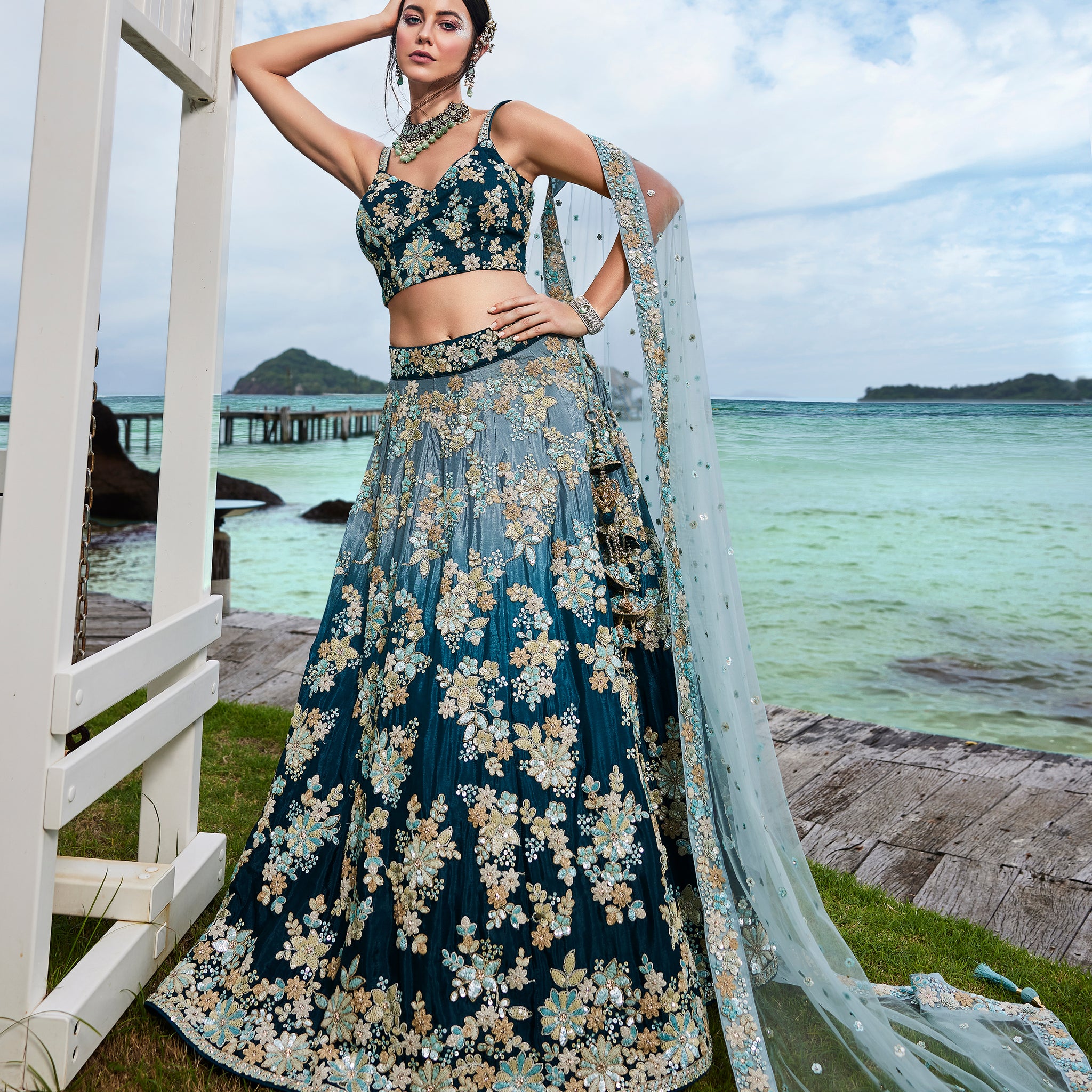 Teal Georgette Sequins & Zarkan Embroidery Lehenga Choli & Dupatta