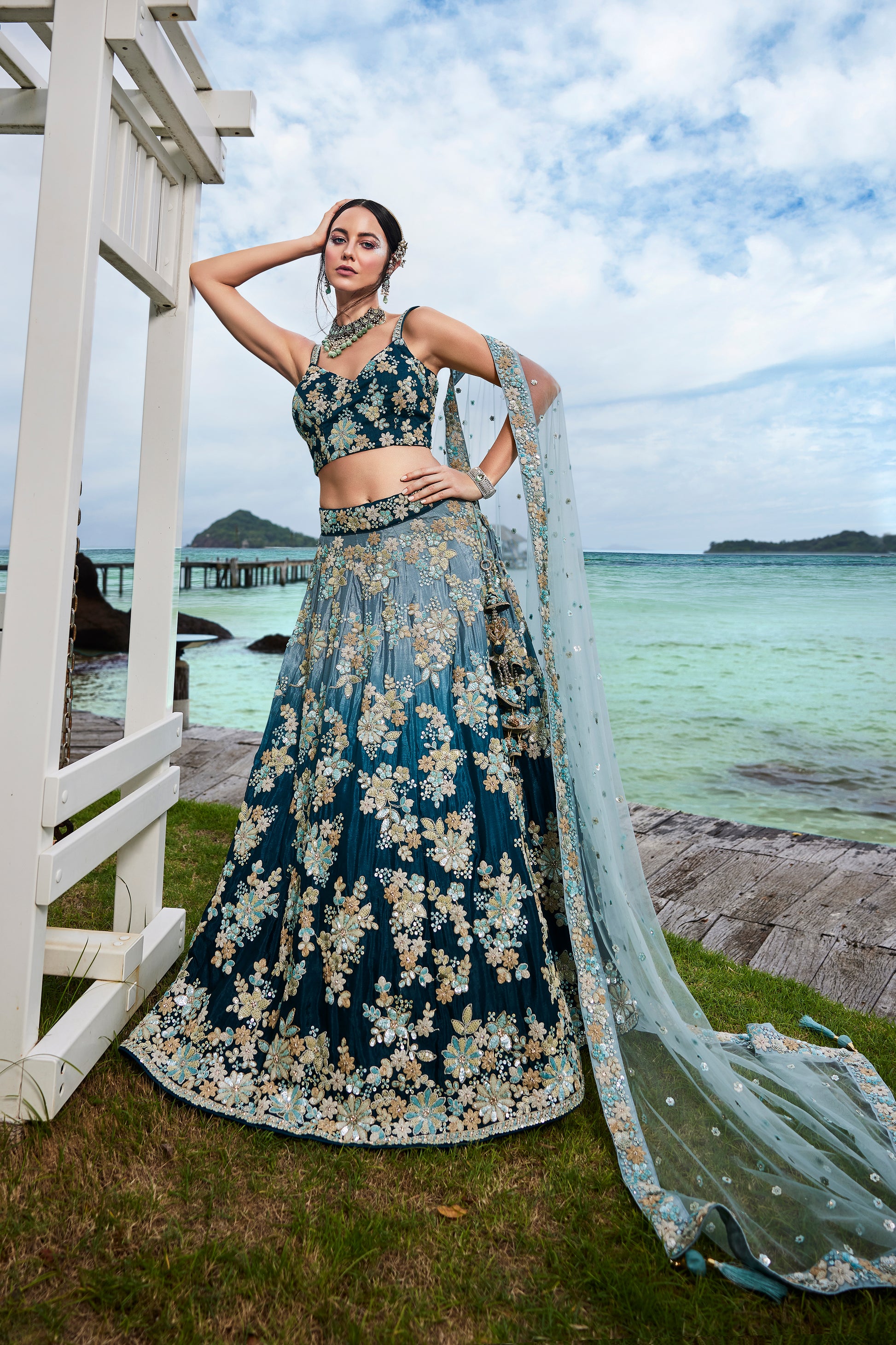 Teal Georgette Sequins & Zarkan Embroidery Lehenga Choli & Dupatta