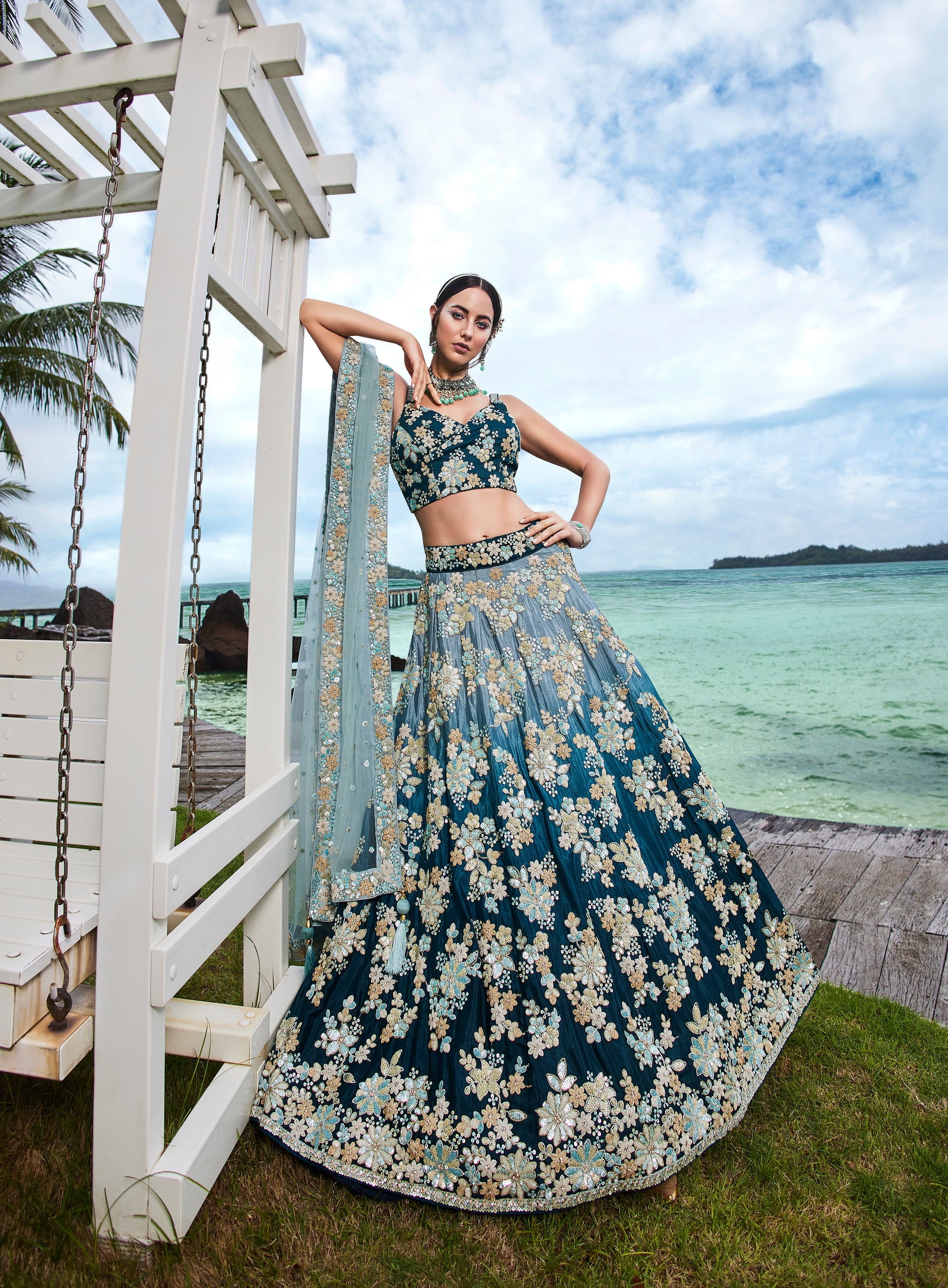 Teal Georgette Sequins & Zarkan Embroidery Lehenga Choli & Dupatta