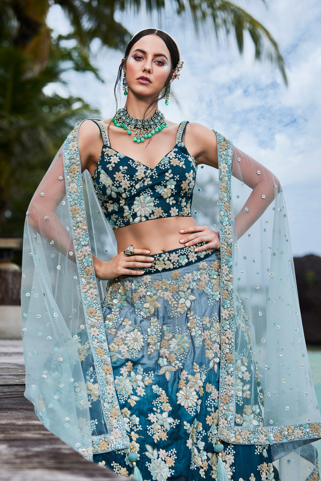 Teal Georgette Sequins & Zarkan Embroidery Lehenga Choli & Dupatta