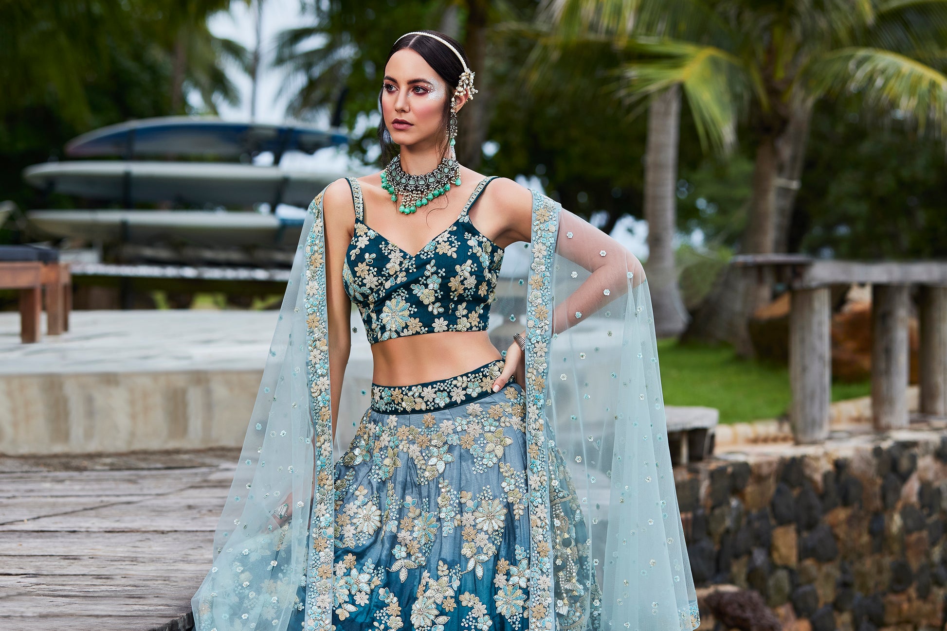 Teal Georgette Sequins & Zarkan Embroidery Lehenga Choli & Dupatta