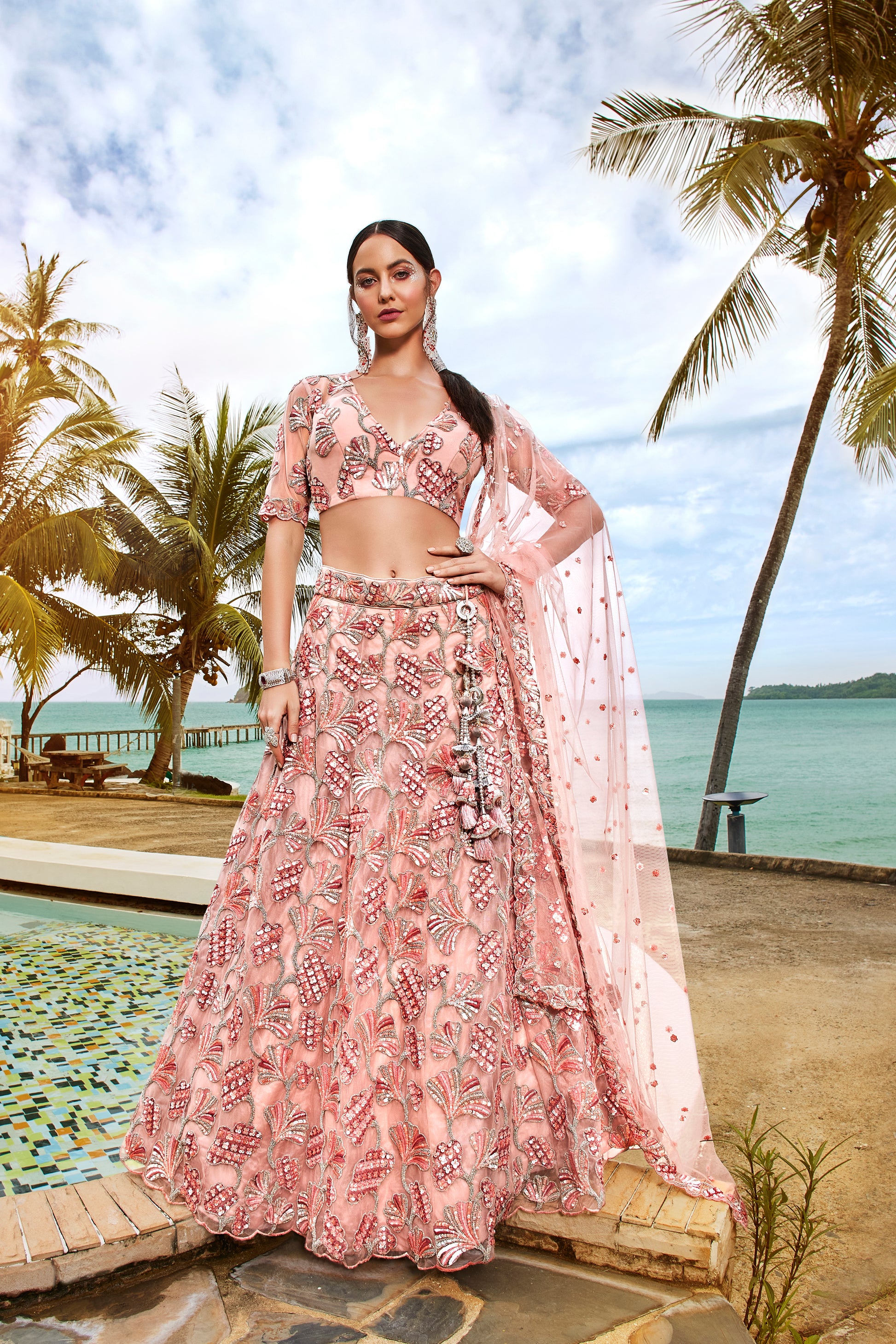 Coral Net Sequins Thread Embroidery Lehenga Choli & Dupatta