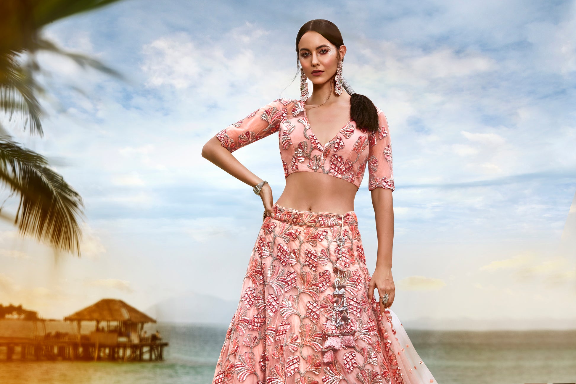 Coral Net Sequins Thread Embroidery Lehenga Choli & Dupatta