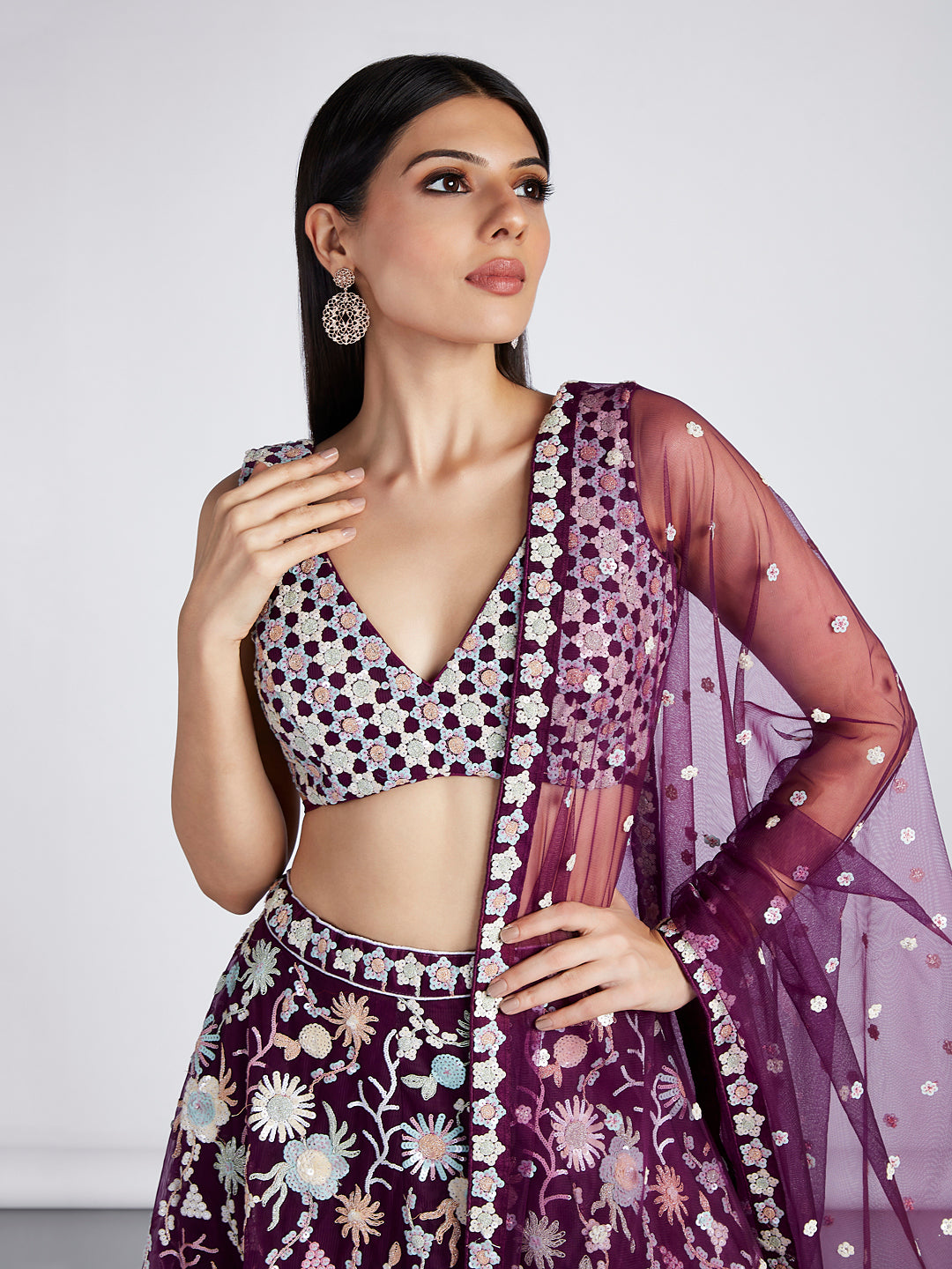 Burgundy Net Floral Sequins Embroidery Lehenga Choli with Dupatta
