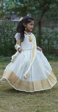 Kasavu Cotton White Kid's Lehenga Choli