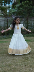 Kasavu Cotton White Kid's Lehenga Choli