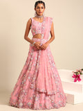 Pink Net Floral Sequins Lehenga Choli with Heavy Zarkan Embroidery and Dupatta