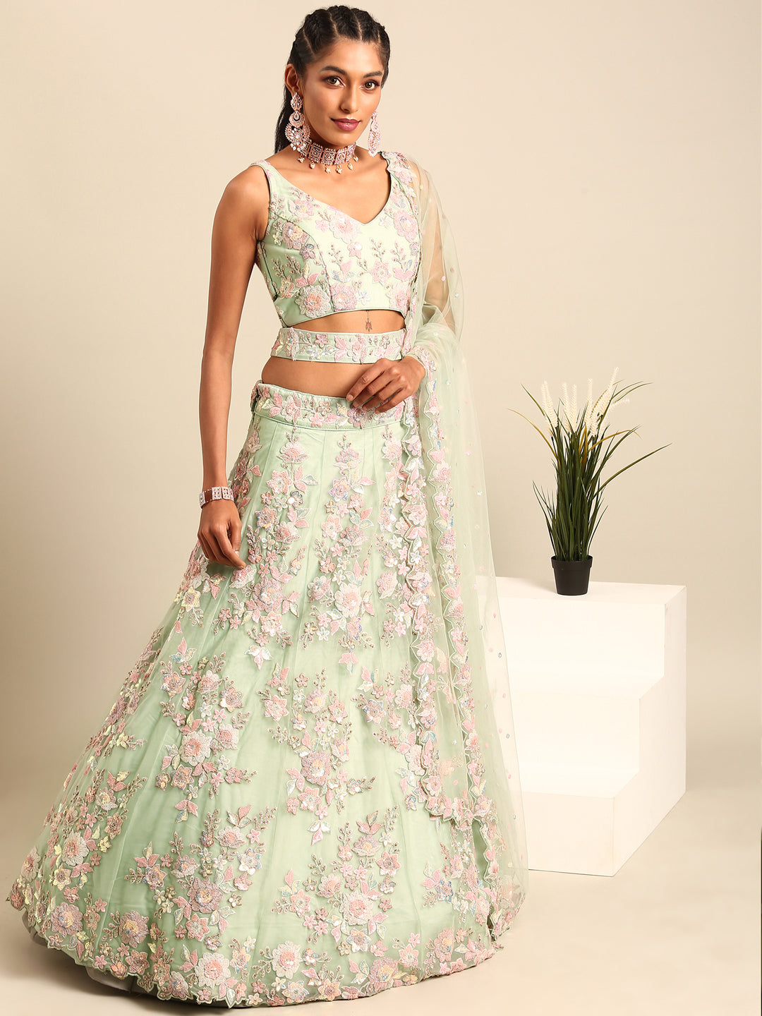 Lime Green Net Floral Sequins with Heavy Zarkan Embroidery Lehenga Choli & Dupatta
