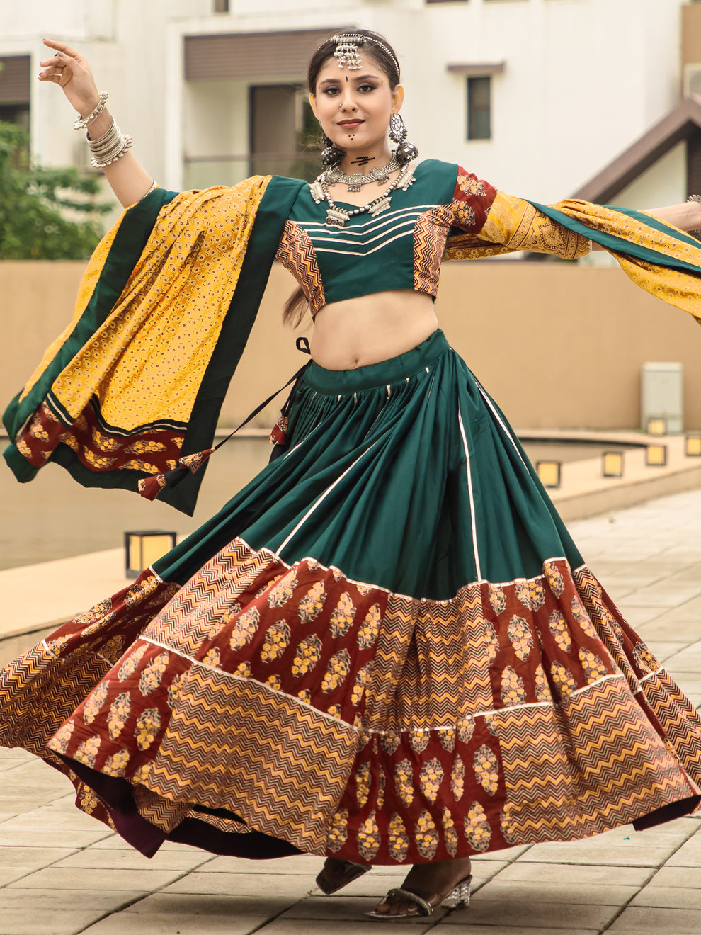 Captivating Green Printed Cotton Navratri Lehenga Choli With Dupatta