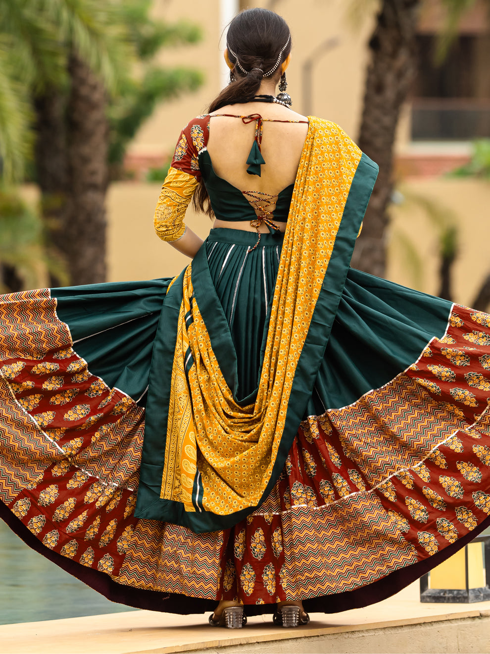 Captivating Green Printed Cotton Navratri Lehenga Choli With Dupatta