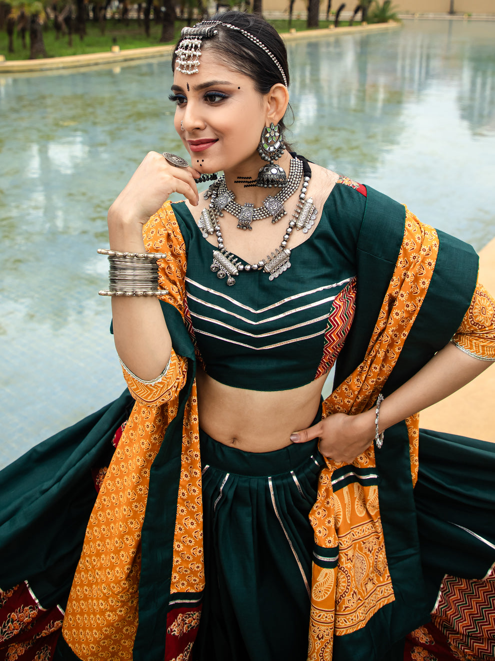 Captivating Green Printed Cotton Navratri Lehenga Choli With Dupatta