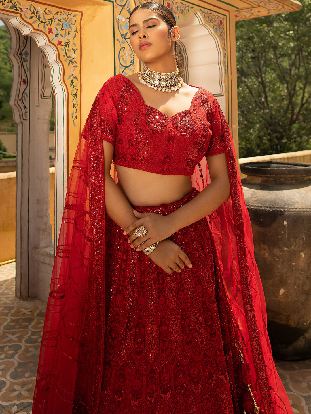 Great Deals Sequins Embroidered Red Lehenga LLCV09965