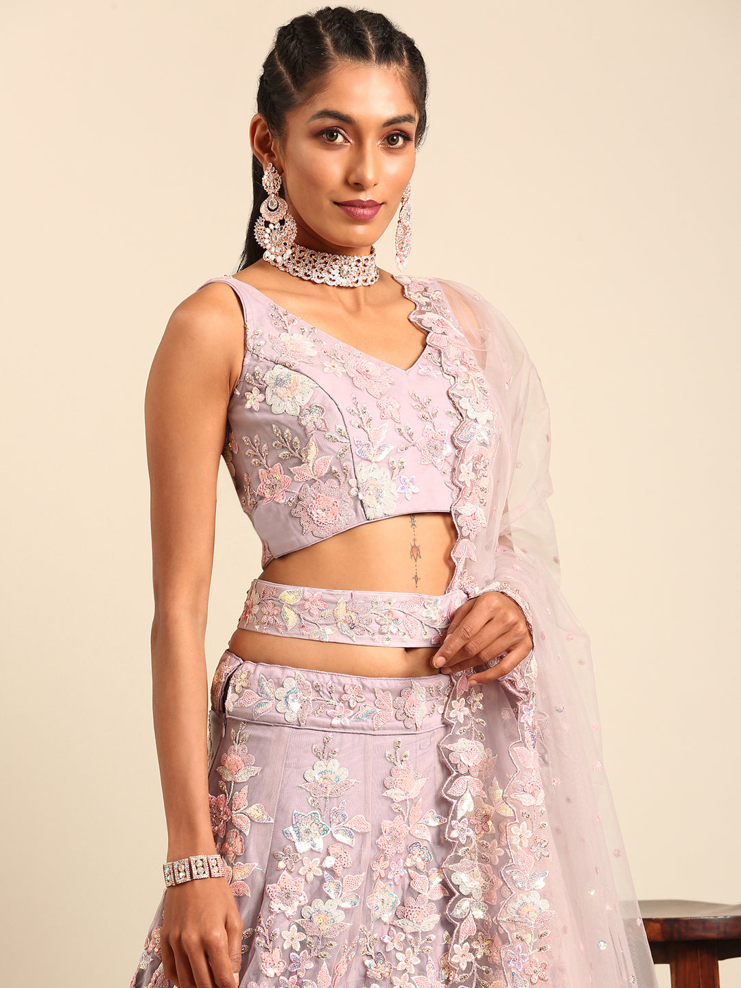 Mauve Net Floral Sequins Lehenga Choli with Heavy Zarkan Embroidery and Dupatta
