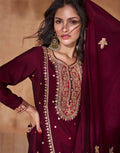 Red Silk Palazzo Suit with Embroidered Dupatta