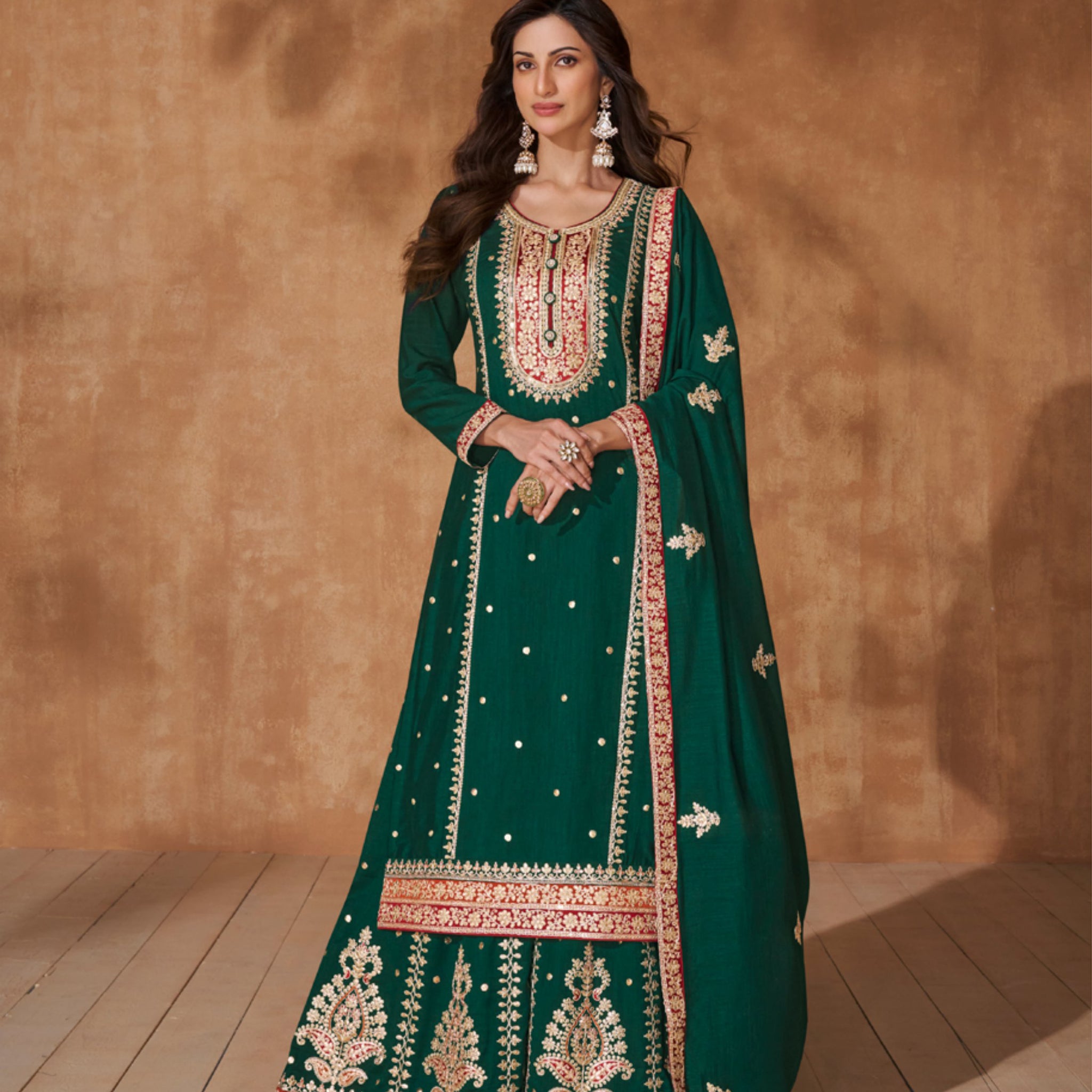 Green Silk Palazzo Suit with Embroidered Dupatta