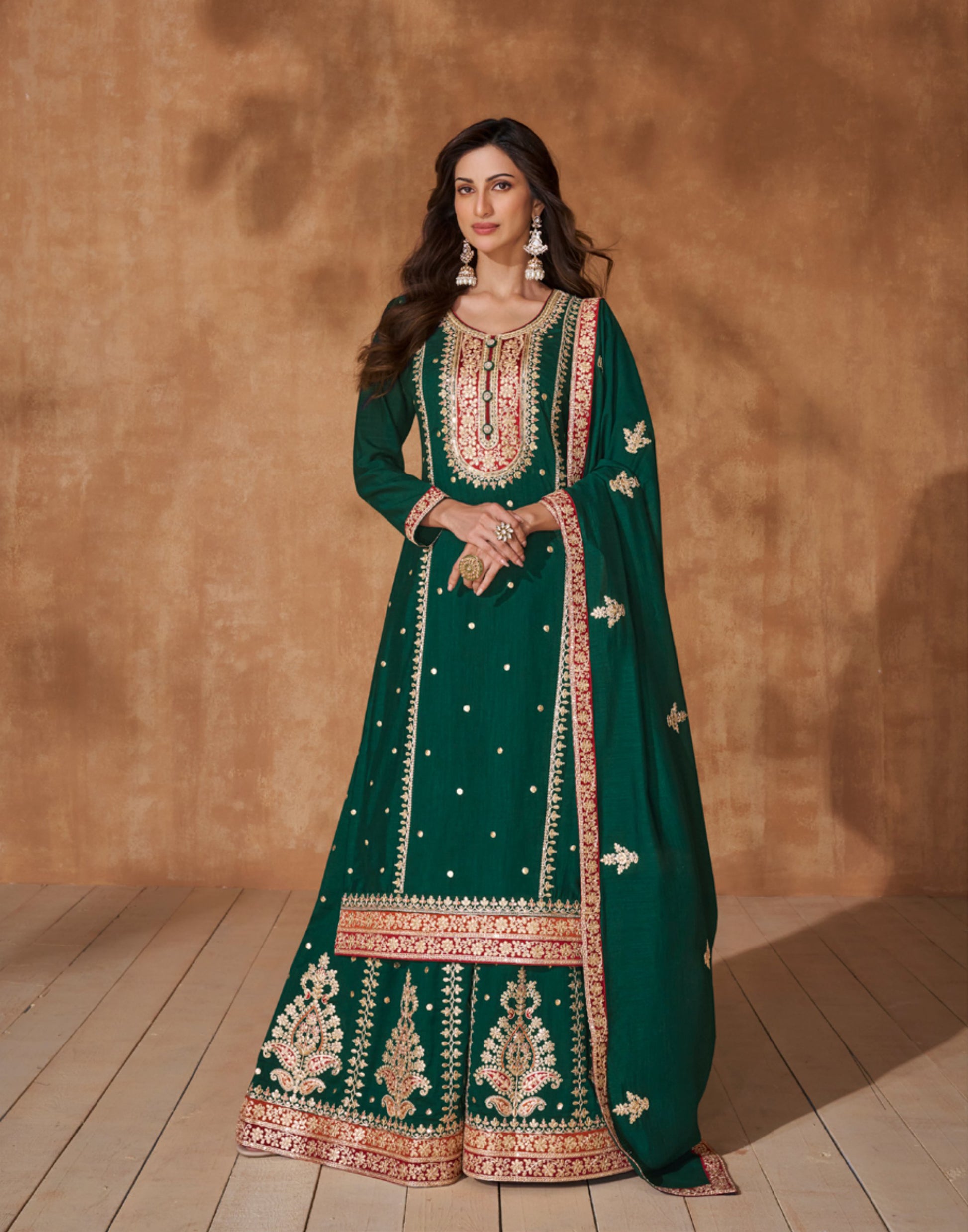 Green Silk Palazzo Suit with Embroidered Dupatta