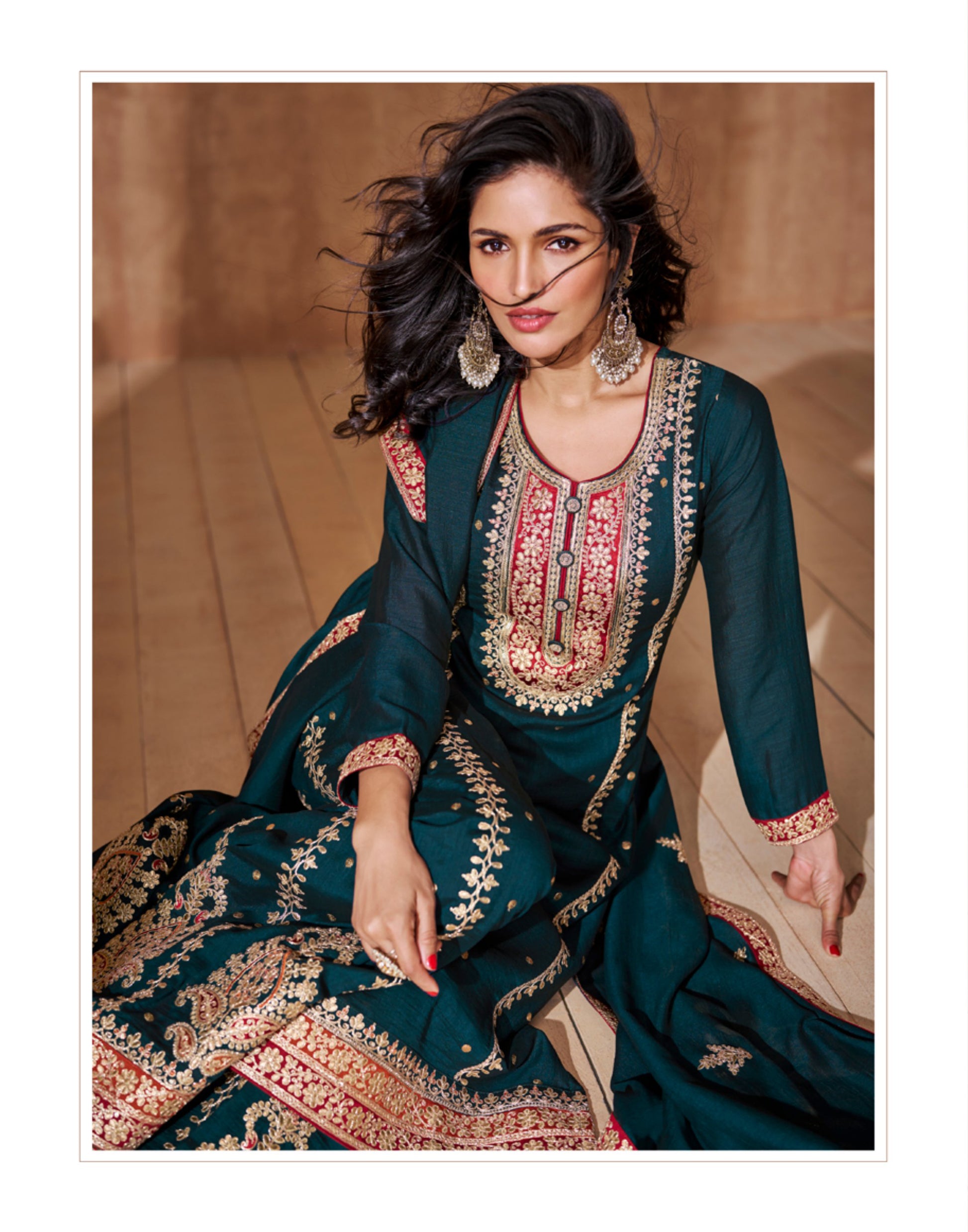 Teal Green Silk Palazzo Suit with Embroidered Dupatta