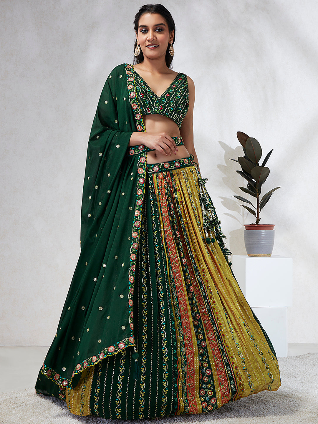 Green Chiffon Position Print with Sequins Embroidery Lehenga Choli