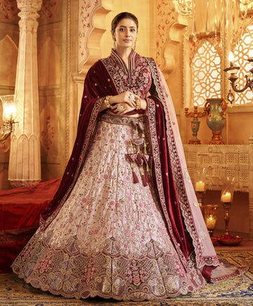 Beautiful Designer Bridal Sequins Embroidered Pink Velvet Bridal Wear Lehenga Choli