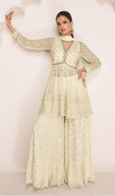 Georgette Wedding Salwar Kameez in White and Off White with Sequence work