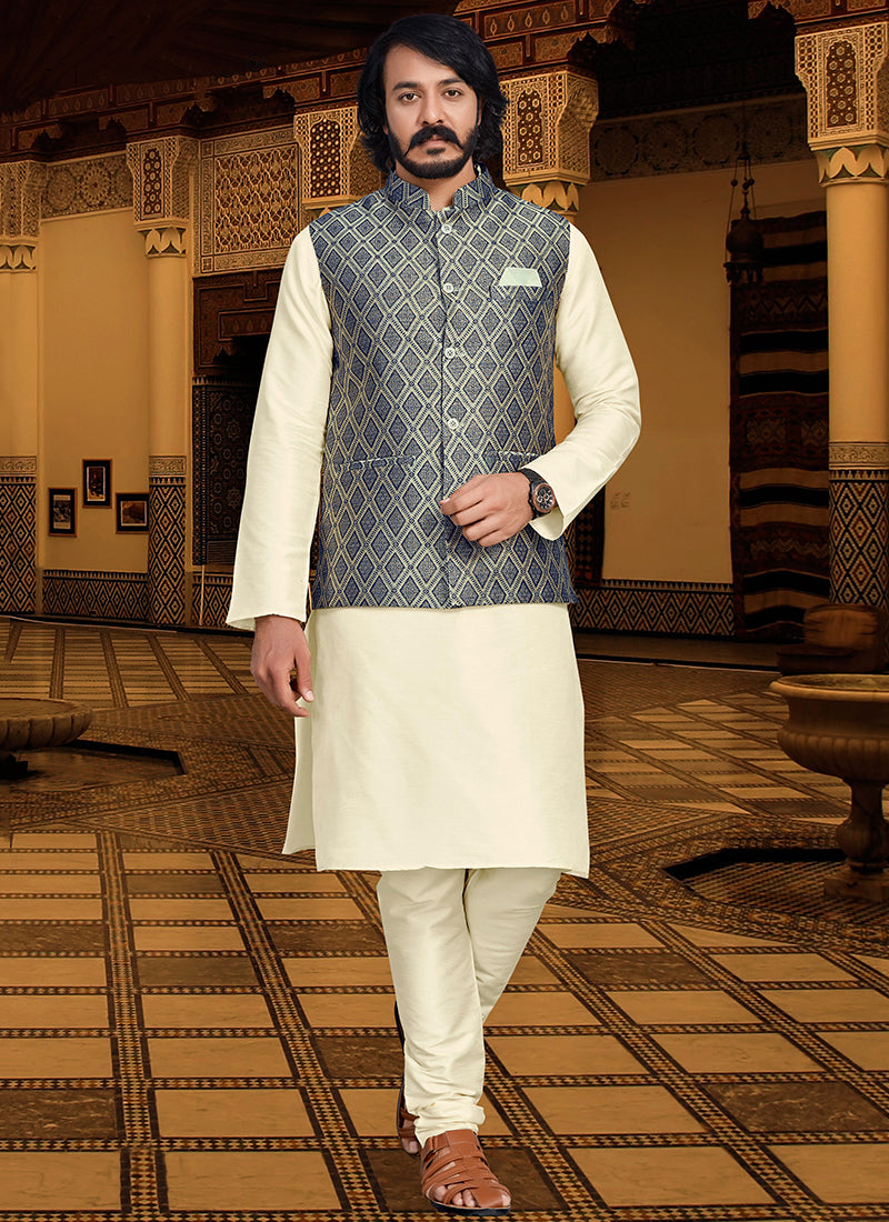 Parrot Green Golden Nehru Jacket Kurta Set |Boys Ethnic  Wear|lovelyweddingmall.com