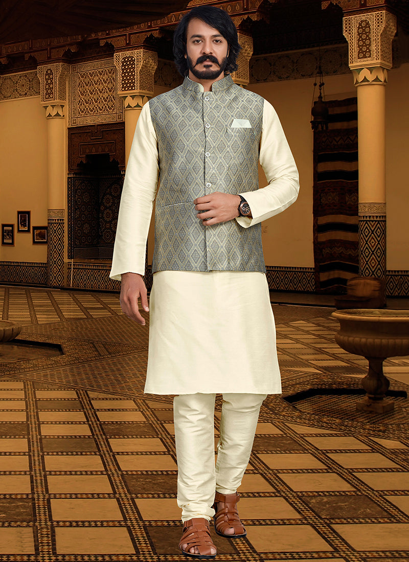 Slate Gray Drape Kurta Pajama With Nehru Jacket