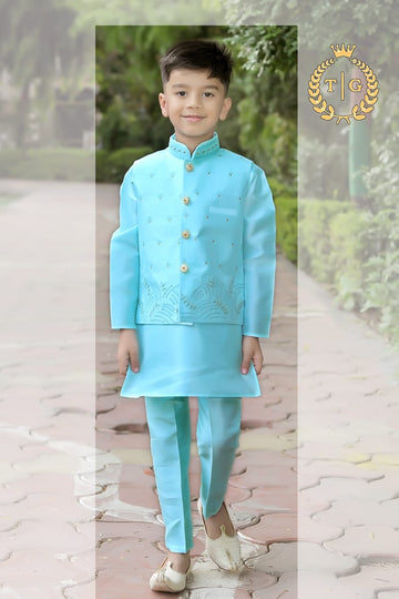 Party Wear Kids Kurta-Koti-Pyjama Set