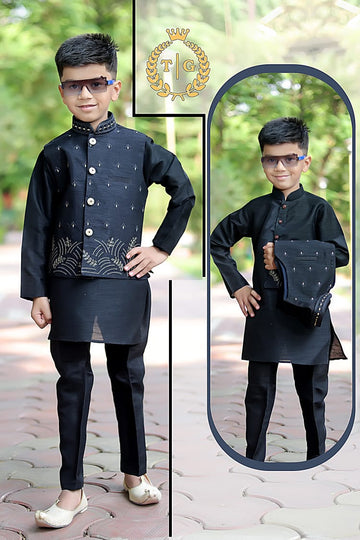 Party Wear Kids Kurta-Koti-Pyjama Set