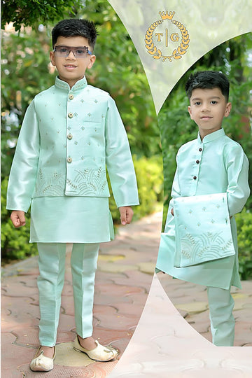 Party Wear Kids Kurta-Koti-Pyjama Set