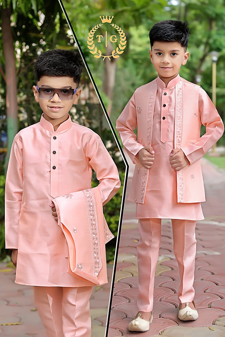 Party Wear Kids Kurta-Koti-Pyjama Set