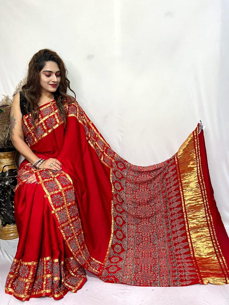 Beautiful Designer Pure Lagdi Gajji Soft Silk Ajrakh Bandhej Saree