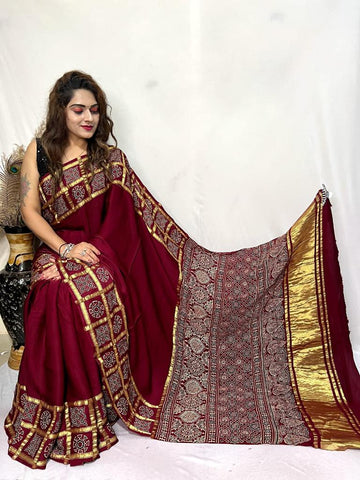 Beautiful Designer Pure Lagdi Gajji Soft Silk Ajrakh Bandhej Saree