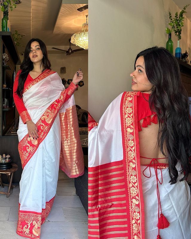 Ojashwi KC 🧚‍♀️ FLAUTING OUR WHITE SAREE WiTH RED BLOUSE, FIRST DESI... |  TikTok