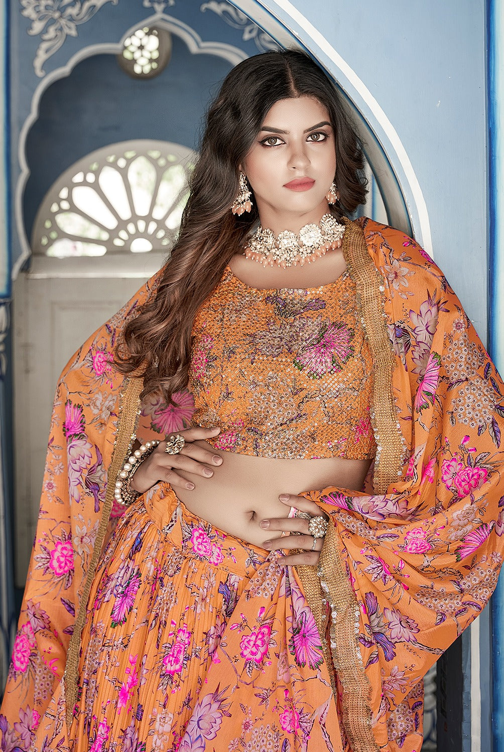 Beautiful Designer Crushed Chinon Lehenga Choli Design 1013